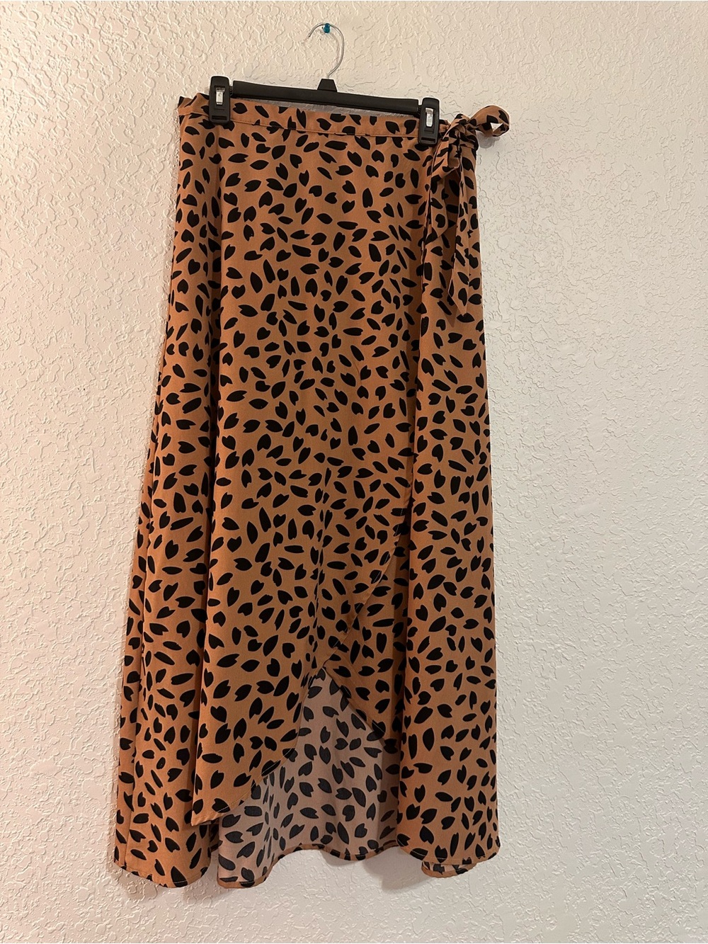 Aakaa Tan Midi Wrap Skirt with Black Leaf Print